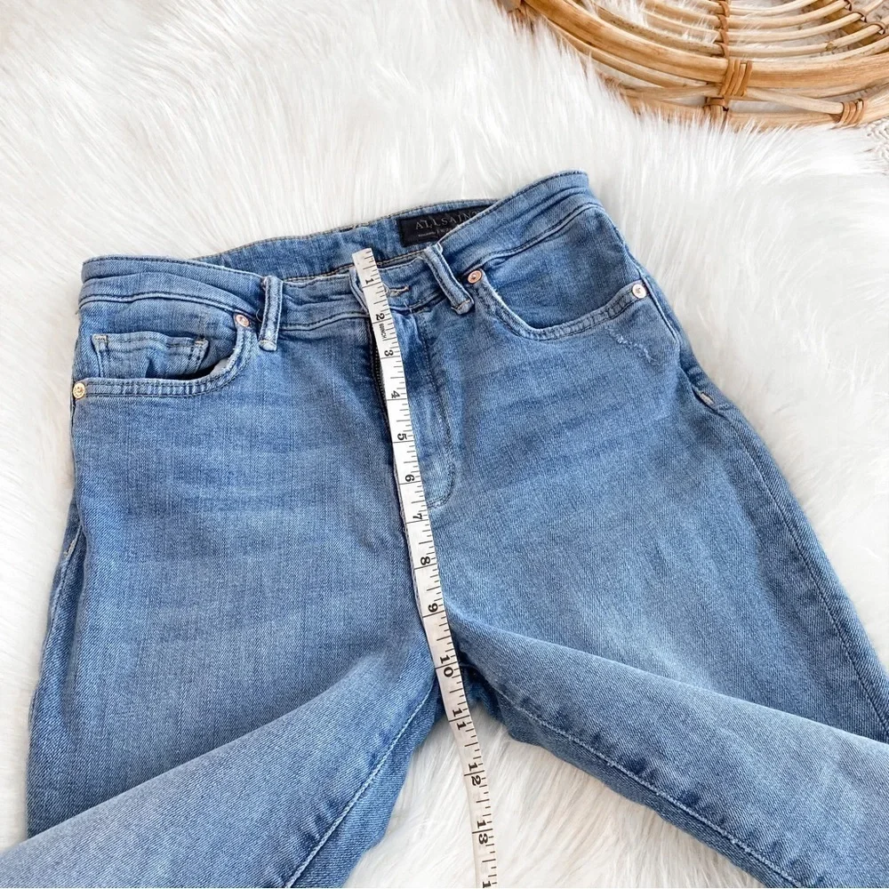 All Saints Roxanne Cropped Jeans Blue Raw Hem Distressed High Waisted Waist 28